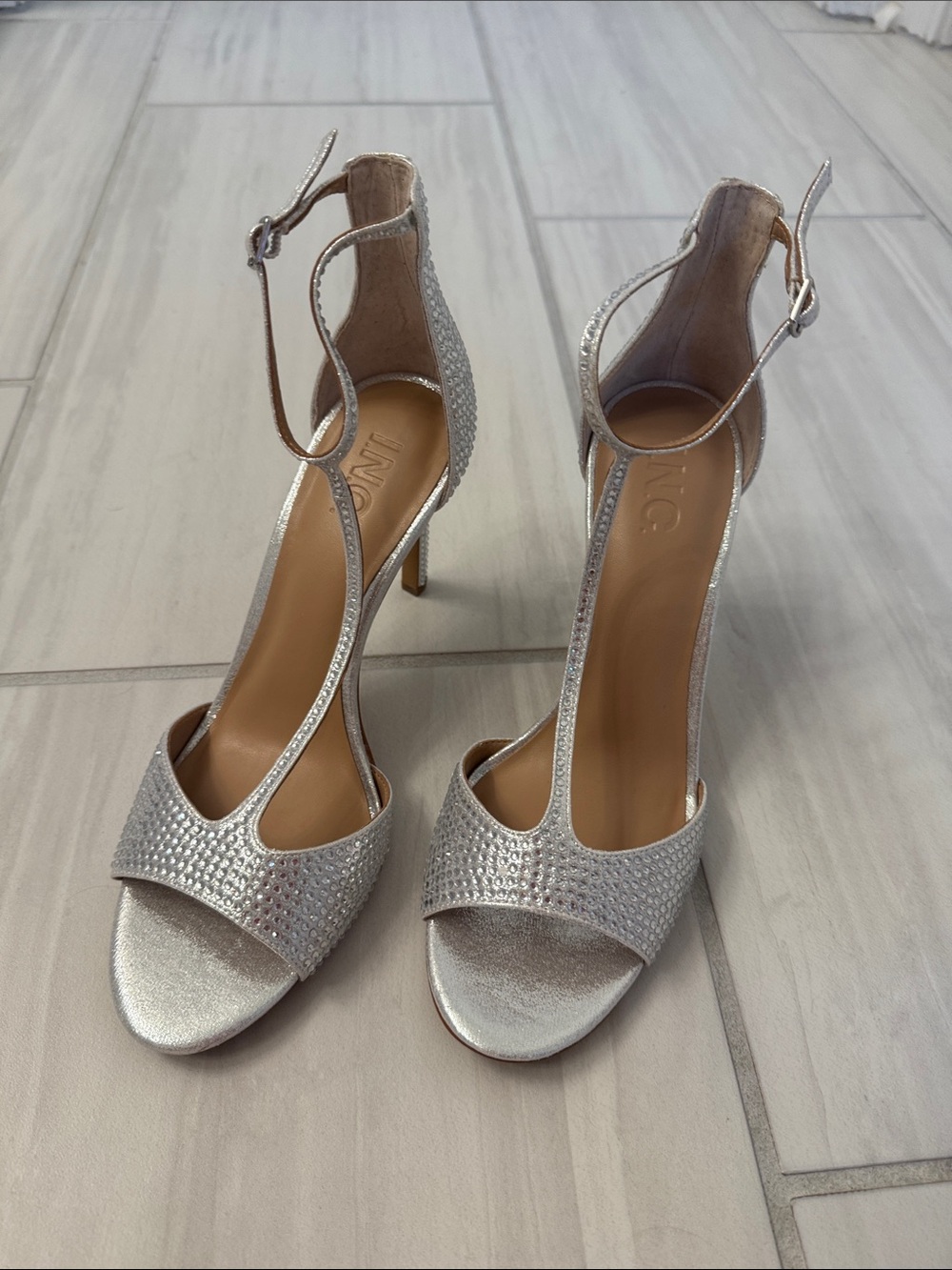 INC International Concepts Silver T-Strap Open-Toe Heels
